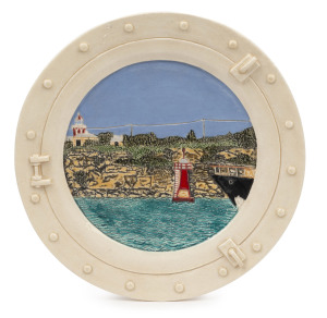 FAIRLIE KINGSTON (1954 - ), maritime scene porthole pottery plaque, incised and dated "F96", 24cm diameter