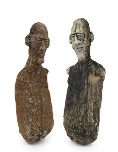 ALAN PEASCOD pair of reclining pottery wall mounted figures, 34cm and 32cm high