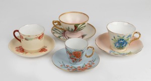 Four assorted Australian hand-painted teacups and saucers, including MAY CREETH