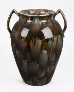 REGAL MASHMAN impressive two handled pottery urn with mottled glaze, impressed factory mark to base, 36cm high