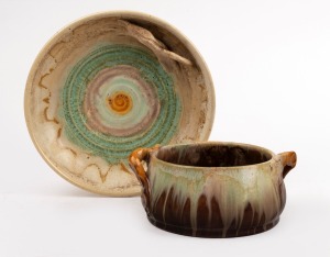 REMUED pottery plate and bowl with branch handles, both incised "Remued", the bowl 8cm high, 18.5cm wide