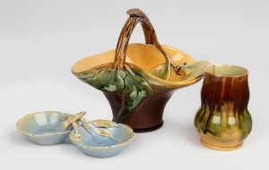 FLORENZ pottery basket vase with applied gumnuts and leaves; together with a FLORENZ pottery vase and an ERIC BRYCE CARTER blue and yellow glazed pottery savoury dish with applied gumnuts and leaves, (3 items), the largest 18cm high