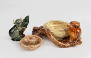 ALLAN LOWE pottery mushroom bowl; together with a pottery kookaburra ashtray and a DARBYSHIRE ceramic koala, (3 items), the kookaburra piece 17cm wide