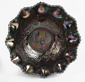 CROWN CRYSTAL "Shrike" cobalt carnival glass bowl, 4.5cm high, 14cm wide