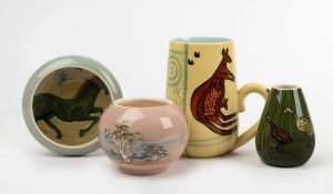 GUY & MARTIN BOYD pottery mug, vases and dish, (4 items), incised signatures to bases, the mug 12cm high