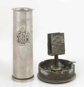 WWII Period RAAF nickel plated trench art vase; together with an ashtray, (2 items), the vase 19cm high.