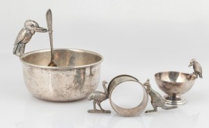 459 · Australiana silver plated kookaburra sugar bowl with spoon, salt cellar and napkin ring, early 20th century, (4 items), the largest 10cm high