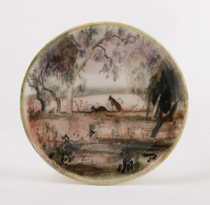 NEIL DOUGLAS & ARTHUR MERRIC BOYD pottery plaque with kangaroos in landscape, signed and titled "Quiet Corner, Australia, Neil Douglas", ​​​​​​​11.5cm diameter.