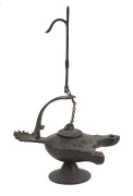 An antique cast bronze double font whale oil lamp, circa 1850, 12cm high