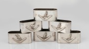 A set of six Australian silver plated napkin rings decorated with boomerangs and native animals, early 20th century, ​​​​​​​7cm wide.