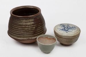 HAROLD HUGHAN brown glazed pottery vase, lidded bowl and miniature planter jardiniere, (3 items)