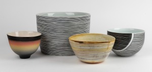 Four Australian art ceramic bowls and vases, artists include BRONWYN KEMP and KERRIE LOWE, the largest 18cm high, 25cm wide