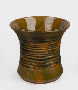 JOHN CAMPBELL green and yellow mottled glazed pottery vase with ribbed decoration, incised "John Campbell, 1935, Tasmania", ​​​​​​​14.5cm high