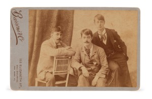 JOHN BUCKLEY CASTIEU, LIONEL LINDSAY and NORMAN LINDSAY: Albumen silver photograph cabinet portrait by Barroni & Co. of 153 Elizabeth, Street, Melbourne, circa 1897.