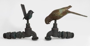Two novelty Australian garden taps, adorned with bronze parrot and fairy wren handles, the larger 22cm long