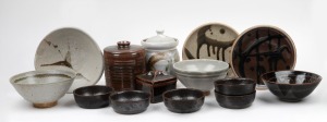 Brown glazed pottery plates, bowls, jars and box, including HAROLD HUGHAN and LES BLAKEBROUGH, (14 items), the largest 17cm high