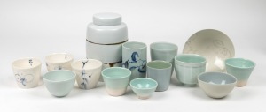 Fourteen assorted Australian art porcelain tea bowls, beakers, lidded jar and bottle vase, artists include, HILARY JONES, KIEKO MATSUI and MITSUO SHOJI, the largest 18cm high.