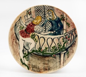 MARTIN BOYD "Romeo and Juliet" pottery plaque, incised "Martin Boyd", ​​​​​​​26cm diameter.