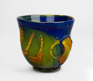 DON WREFORD Australian blue and green art glass vase with yellow highlights, incised "Don Wreford '99", 18cm high, 19cm wide.