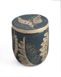 ARTIST UNKNOWN blue glazed pottery lidded jar with unusual sgraffito leaf decoration, monogram mark to base "C. X. W.", ​​​​​​​11cm high