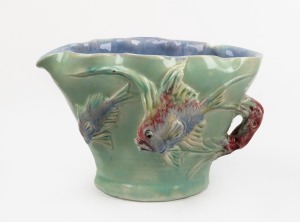 CASTLE HARRIS green and blue glazed pottery vase with fish decoration, incised "Castle Harris", ​​​​​​​13cm high, 20cm wide.