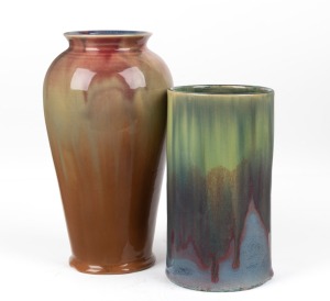 REMUED two pottery mantle vases with unusual multi-coloured glaze, both incised "Remued", 26cm and 20.5cm high