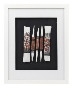 PAUL ABURROW five hand-painted ceramic objects, framed as one, 38 x 30.5cm overall