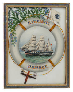 KINCLUNE DUNDEE hand-painted milk glass panel with ship portrait in life buoy, 19th century, 22 x 17.5cm overall.