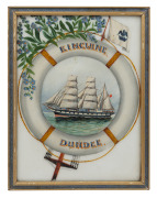 KINCLUNE DUNDEE hand-painted milk glass panel with ship portrait in life buoy, 19th century, 22 x 17.5cm overall.