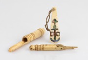 An antique whalebone and paua shell sailor's sweetheart amulet; together with a whalebone apple corer and an attractive antique whalebone pocket awling tool with carved fist decoration, 19th century or earlier, (3 items), the largest 10cm long