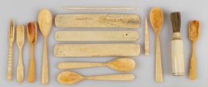 Assorted antique whalebone spoons, fork, busks, bodkin, brush and crochet hook, 19th century, (14 items), the largest 15.5cm long