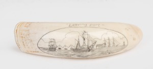 JAMES CUMBERLAND BROWN (Albany, Western Australia) scrimshaw whale's tooth titled "Leaving Port" with engraved vignette, 11.5cm wide