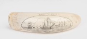 JAMES CUMBERLAND BROWN (Albany, Western Australia) scrimshaw whale's tooth titled "Leaving Port" with engraved vignette, 11.5cm wide