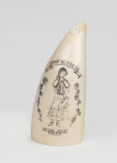 A scrimshaw whale's tooth with female portrait titled "God Bless Mary", 10cm high