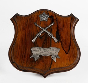 Antique shooting trophy plaque, silver and rosewood, engraved "ARTISTS R.V. PRESENTED BY THE DRUMS TO J. RODGERS, THEIR FIRST MEMBER TO BECOME A COMPANY MARKSMEN, 1898", with additional manuscript note verso, 18 x 17cm