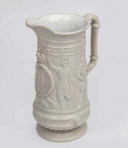 OUR ARMY & NAVY & BRAVE VOLUNTEERS antique English cream porcelain ale jug with embossed military motif and Queen Victoria profile portrait vignette, circa 1860, diamond registration mark to base, 26cm high.