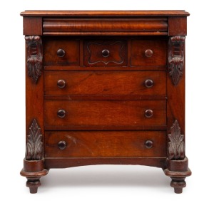 122 · A fine quality antique Australian cedar apprentice chest miniature, full cedar construction with finely selected cuts and carved corbels, 19th century. Part of the original furnishings of "Doon", a fine Italianate villa on the banks of the Yarra River, Hawthorn, Melbourne. 42cm high, 38cm wide, 26cm deep.