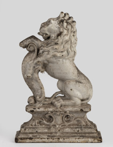 WINDSOR HOTEL, MELBOURNE cast iron doorstop in the form of a rampant lion, 19th century, 39cm high