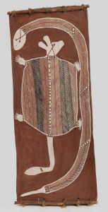 ARTIST UNKNOWN, (possum and snake), earth pigment on bark, 68 x 28cm.
