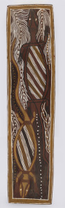 DICK BANDALIL, Djerrka, The Goannas, earth pigment on bark, signed and titled verso with gallery inventory number, 77 x 19cm.