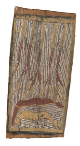 ARTIST UNKNOWN, (snakes and trees), earth pigment on bark, gallery inventory number verso "K51", 31 x 16cm.