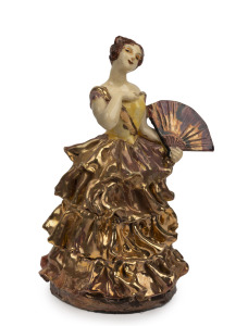 MARGUERITE MAHOOD pottery statue of a lady with a fan, incised "Maguerite Mahood", 24cm high.