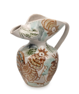 JOHN PERCEVAL and ARTHUR MERRIC BOYD unusual pottery jug, hand-painted with rooster motif, incised "Arthur Merric Boyd, 1947" and signed "Perceval", ​​​​​​​17cm high.