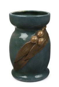 MERRIC BOYD green and brown glazed pottery vase with applied gumnuts and leaves, incised "M. Boyd, Australia, 1930", 19.5cm high.