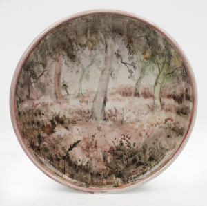 ARTHUR MERRIC BOYD and NEIL DOUGLAS pottery plate with Australian bush scene and wildflowers, signed "Neil Douglas, Virgin Wildflower, Australia" and incised "A. M. Boyd", 26.5cm diameter.