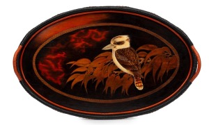 An attractive Australian pokerwork serving tray decorated with kookaburras and gum leaves, circa 1920, 61cm wide.