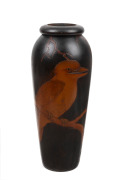 An Australian pokerwork vase with kookaburra and branch decoration, circa 1925, 35.5cm high.