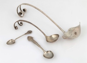 Australian sterling silver soup ladel, ERIC CARR Australian sterling silver soup ladle and sauce ladle, together with two West Australian sterling silver spoons, 20th century, (4 items), the largest 27cm long, 284 grams total.ladel, and two West Australia
