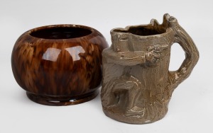 BENDIGO POTTERY "Ned Kelly" limited edition character jug in original box of purchase, stamped "Bendigo Pottery Limited Edition Series 188/3000 Epsom", 17cm high. Together with a brown glazed Waverley Ware vase,12cm high (2 items).