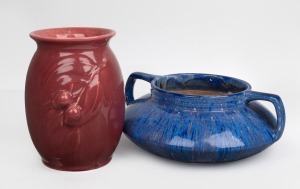 MELROSE WARE pink glazed pottery vase decorated with gumnuts and leaves; together with a blue glazed two handled vase (later painted interior and base), (2 items), pink example with black factory mark to base "Melrose Ware, Australian", the pink example 1